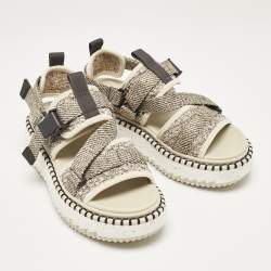 مملوكة مسبقًا Chloe Cream/Brown Canvas Lilli Ankle Strap Sandals Size 37