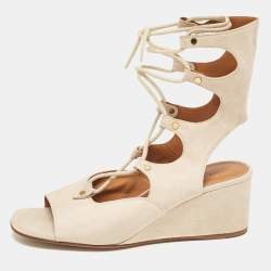 Chloe Beige Suede Lace Up Wedge Sandals Size 40