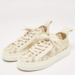 Chloe Cream Lace and Leather Lauren Lace Up Sneakers Size 38