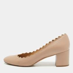 Chloe Beige Leather Laurena Scalloped Block Heel Pumps Size 36.5