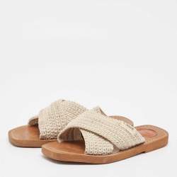 Chloe Off White Knit Fabric Woody Flat Sandals Size 38