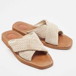 Chloe Off White Knit Fabric Woody Flat Sandals Size 38