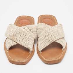 Chloe Off White Knit Fabric Woody Flat Sandals Size 38