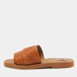 Chloe Brown Leather Logo Embroidered Woody Flat Slides Size 37