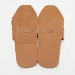 Chloe Brown Leather Logo Embroidered Woody Flat Slides Size 37