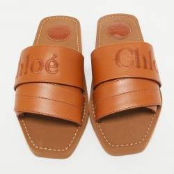 Chloe Brown Leather Logo Embroidered Woody Flat Slides Size 37