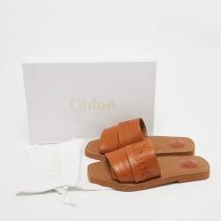 Chloe Brown Leather Logo Embroidered Woody Flat Slides Size 37