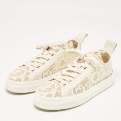 Chloe Light Beige Lace and Leather Lauren Low Top Sneakers Size 41