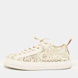 Chloe Light Beige Lace and Leather Lauren Low Top Sneakers Size 41