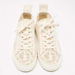 Chloe Light Beige Lace and Leather Lauren Low Top Sneakers Size 41