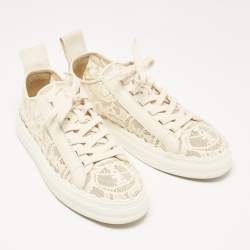 Chloe Light Beige Lace and Leather Lauren Low Top Sneakers Size 41