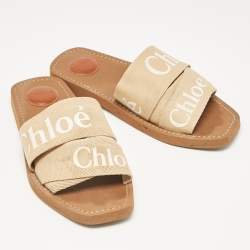 Chloe Beige Canvas Woody Flat Slides Size 38