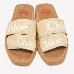 Chloe Beige Canvas Woody Flat Slides Size 38