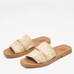 Chloe Beige Canvas Woody Flat Slides Size 38