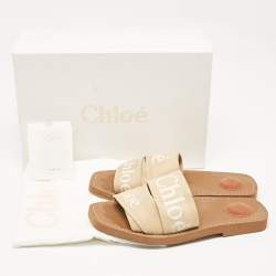 Chloe Beige Canvas Woody Flat Slides Size 38