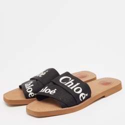 Pre Owned Chloe Black Logo Canvas Woody Flat Slides Size 42