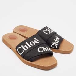 Pre Owned Chloe Black Logo Canvas Woody Flat Slides Size 42