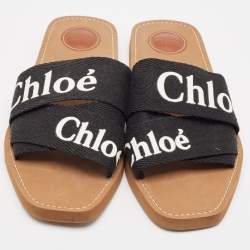 Pre Owned Chloe Black Logo Canvas Woody Flat Slides Size 42