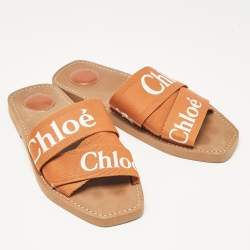 Chloe Brown Logo Canvas Woody Flat Slides Size 40