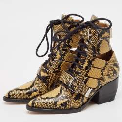 Chloe Black/Brown Python Embossed Leather Rylee Ankle Length Boots Size 36
