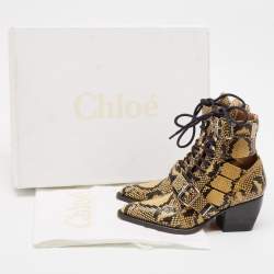 Chloe Black/Brown Python Embossed Leather Rylee Ankle Length Boots Size 36