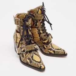 Chloe Black/Brown Python Embossed Leather Rylee Ankle Length Boots Size 36