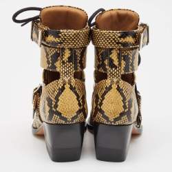 Chloe Black/Brown Python Embossed Leather Rylee Ankle Length Boots Size 36