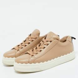 Chloe Beige Leather Lauren Scalloped Low Top Sneakers Size 39