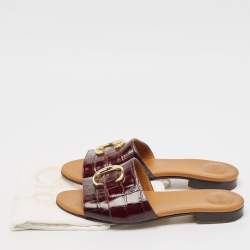 Pre Owned Chloe Burgundy Croc Embossed Leather C Logo Flat Slides Size 40