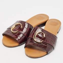 Pre Owned Chloe Burgundy Croc Embossed Leather C Logo Flat Slides Size 40