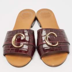 Pre Owned Chloe Burgundy Croc Embossed Leather C Logo Flat Slides Size 40
