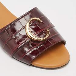 Pre Owned Chloe Burgundy Croc Embossed Leather C Logo Flat Slides Size 40