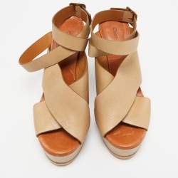 Chloe Beige Leather Platform Ankle Strap Sandals Size 39