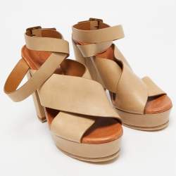 Chloe Beige Leather Platform Ankle Strap Sandals Size 39