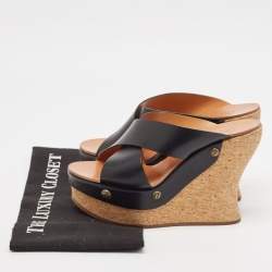 Chloe Black Leather Cork Wedge Sandals Size 38