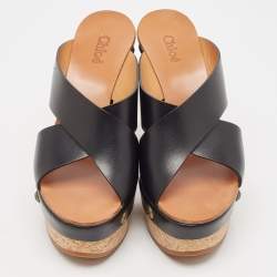 Chloe Black Leather Cork Wedge Sandals Size 38