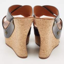 Chloe Black Leather Cork Wedge Sandals Size 38