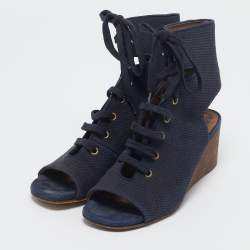 Chloe Navy Blue Canvas Lace Up Open Toe Wedge Booties Size 37