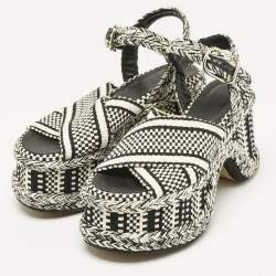 Chloe Black/White Fabric Printed Braided Accents Block Heel Sandals Size 37