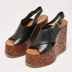 Chloe Black Leather Maxime Wedge Sandals Size 38