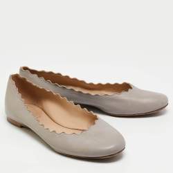 Pre Owned Chloe Light Grey Scalloped Leather Lauren Ballet Flats Size 35.5