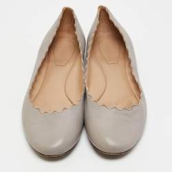 Pre Owned Chloe Light Grey Scalloped Leather Lauren Ballet Flats Size 35.5