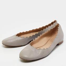 Pre Owned Chloe Light Grey Scalloped Leather Lauren Ballet Flats Size 35.5