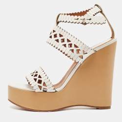 Chloe White Cut Out Leather Platform Wedge Sandals Size 39