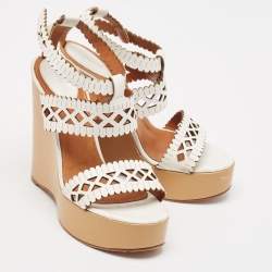 Chloe White Cut Out Leather Platform Wedge Sandals Size 39
