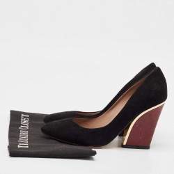 Chloe Black/Burgundy Lizard Embossed Leather and Suede Block Heel Pumps Size 38