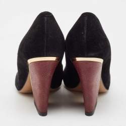 Chloe Black/Burgundy Lizard Embossed Leather and Suede Block Heel Pumps Size 38