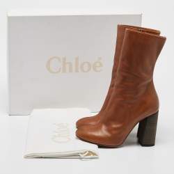 Chloe Brown Leather Mid Calf Boots Size 35