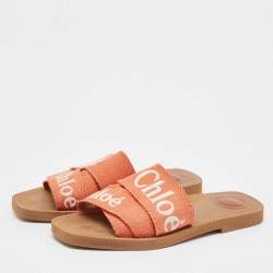 Chloe Orange Logo Canvas Woody Flat Slides Size 40