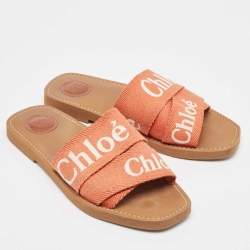 Chloe Orange Logo Canvas Woody Flat Slides Size 40